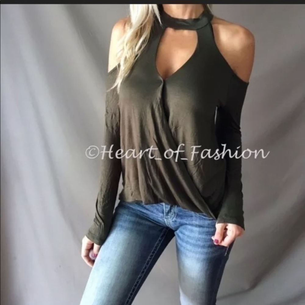 Cold Shoulder Long Sleeve Surplice Choker Top